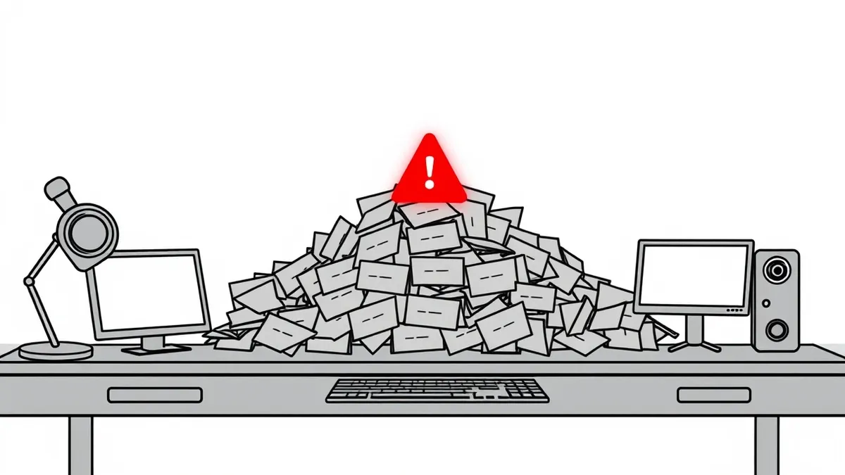 Illustration: A single glowing red alert sits atop a chaotic pile of muted grey notification cards on a sleek black desk.