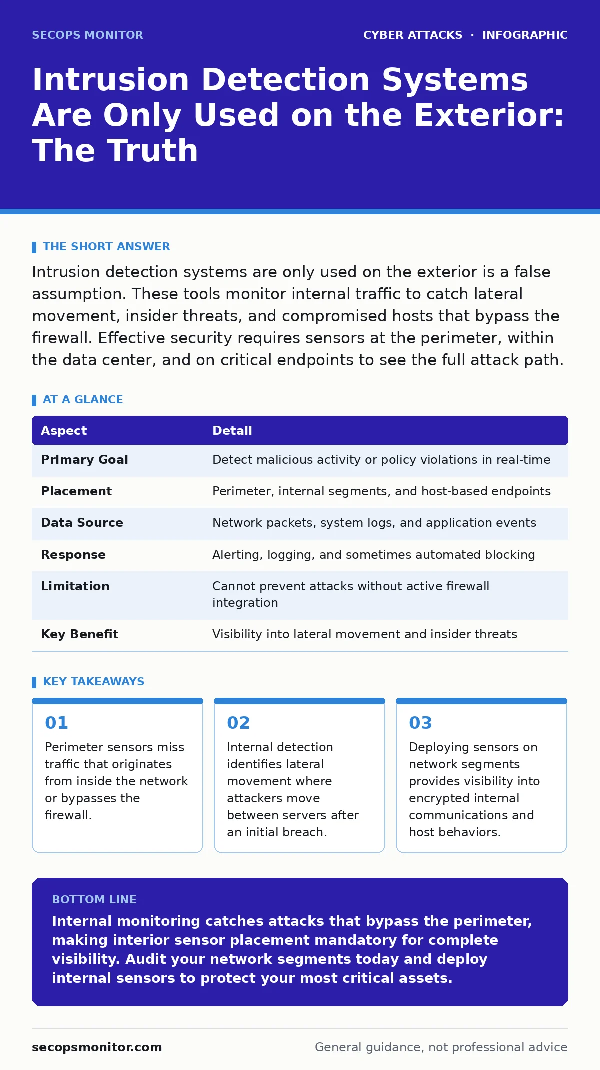Infographic: Intrusion Detection Systems Are Only Used on the Exterior: The Truth. Perimeter sensors miss traffic that originates from inside the network or bypasses the firewall. Internal detection identifies lateral movement where attackers move between servers after an initial breach. Deploying s