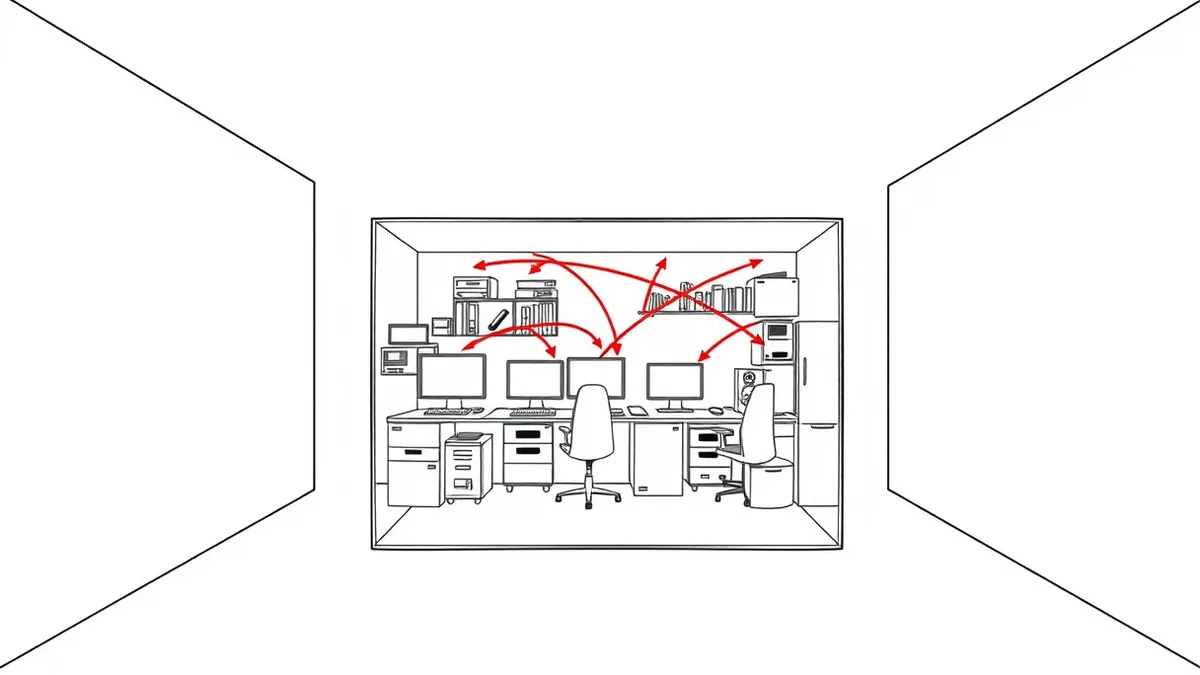 Illustration: A transparent glass box sits inside a cluttered office, representing an internal network.