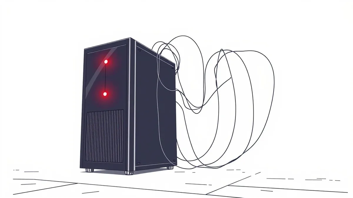 Illustration: A sleek black server tower sits isolated on a concrete floor, its front panel glowing with a single pulsing red light.
