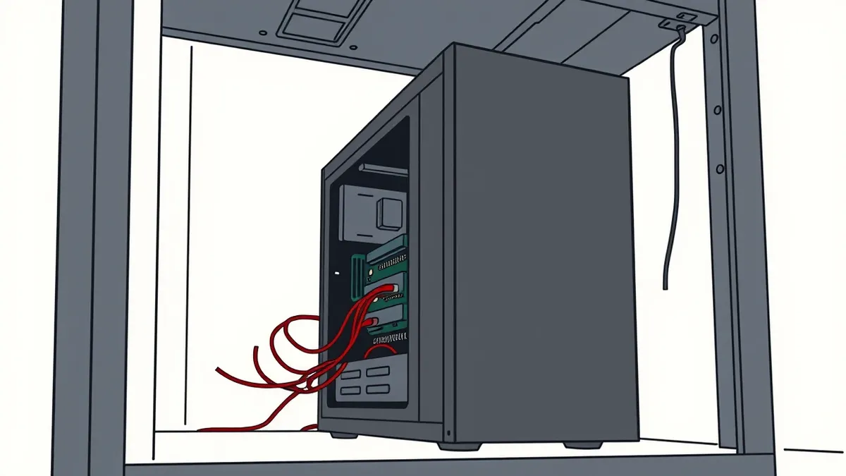 Illustration: A generic black server tower sits in a dim rack, its side panel removed to reveal exposed circuitry.