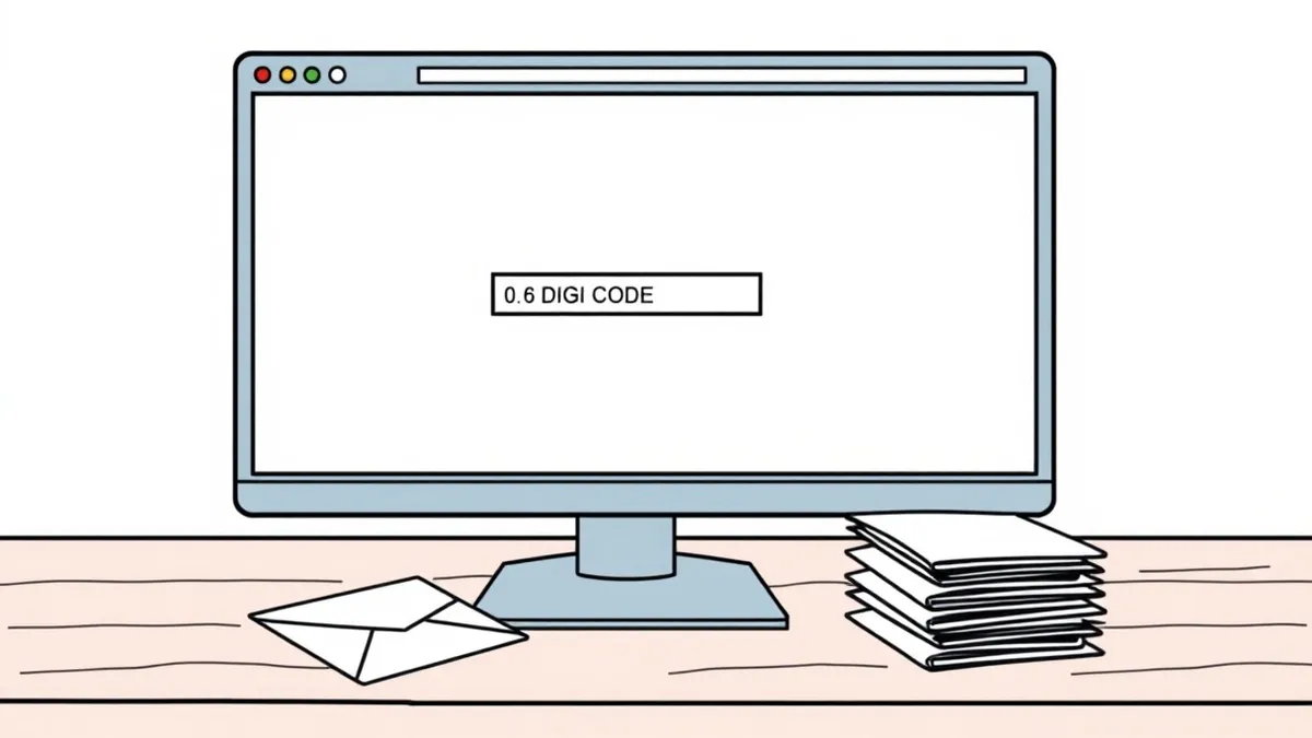Illustration: A blank web browser window sits on a wooden desk, displaying a simple form with a single input field for a six-digit code.