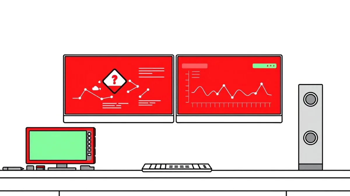 Illustration: A split desk surface shows a red alert monitor on one side and a green status dashboard on the other.