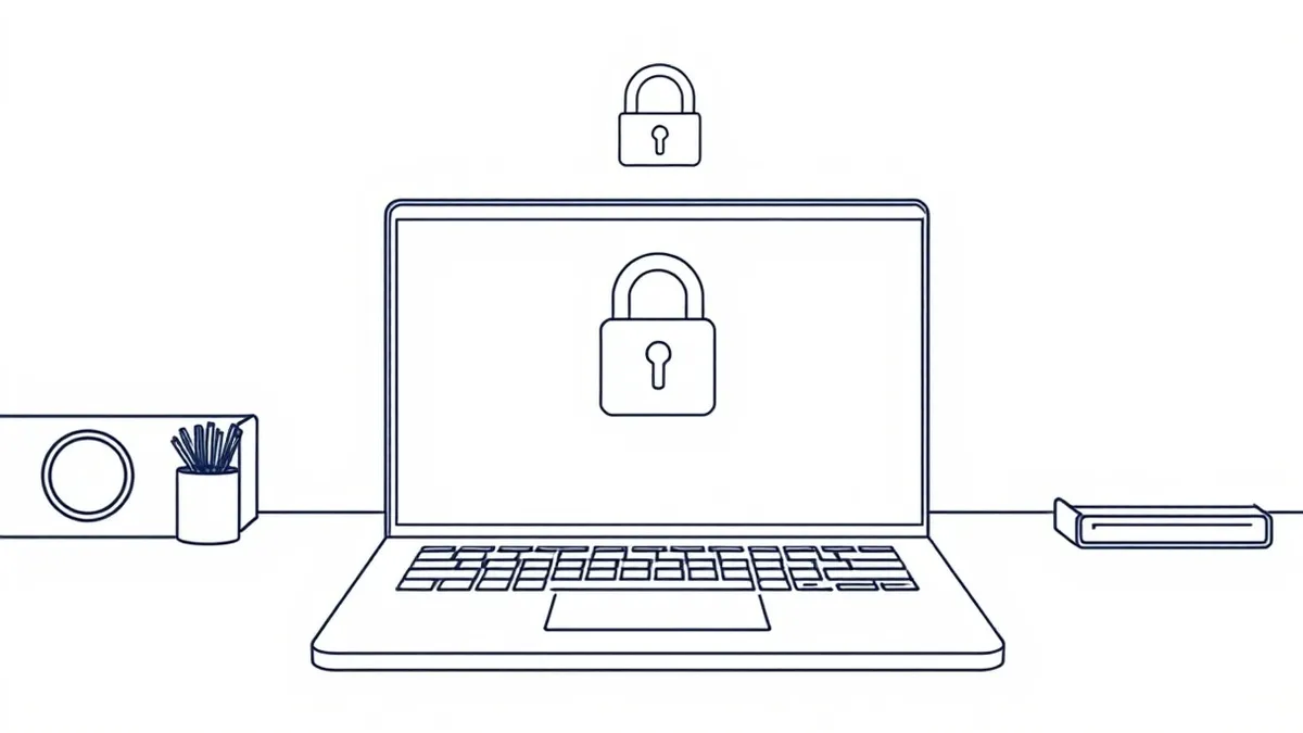 Illustration: A modern laptop rests on a smooth, empty office desk with its screen displaying a large, abstract lock icon.