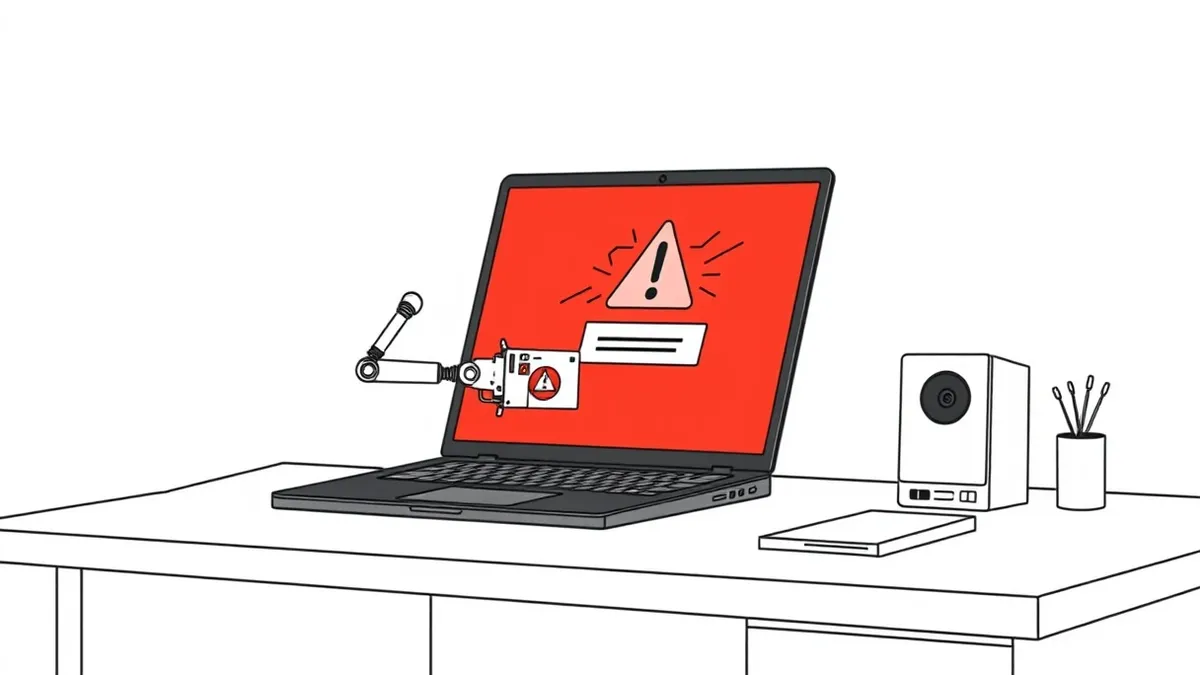 Illustration: A sleek black laptop sits open on a clean white desk, its screen displaying a large red alert icon and abstract warning shapes.