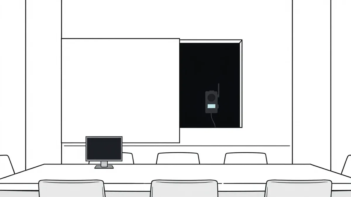 Illustration: A small black recording device sits wedged inside a sleek acoustic panel on a modern conference room wall.