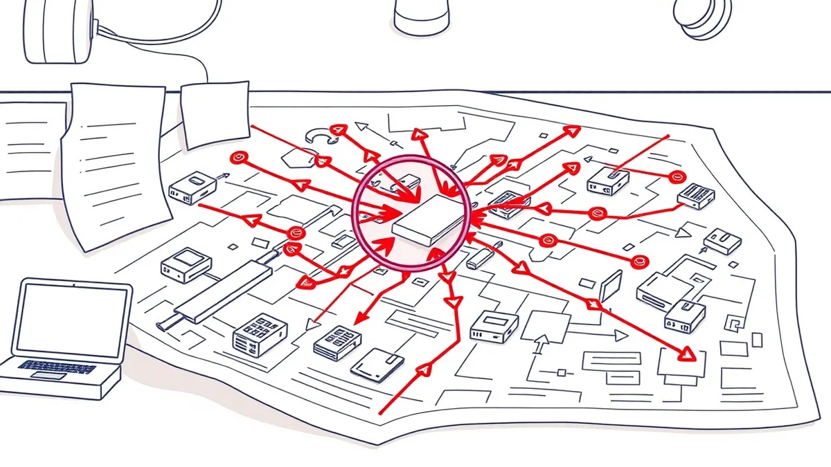 Illustration: A large architectural blueprint spreads across a workbench, overlaid with glowing red arrows tracing complex data paths between abstract server icons.