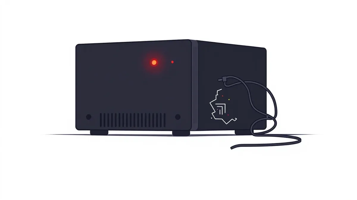 Illustration: A sleek black server appliance sits isolated on a dark surface, its single indicator light pulsing with an ominous red glow.