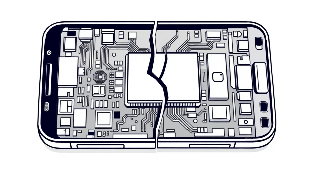 Illustration: A cracked smartphone chassis sits open on a workbench, revealing its internal circuit board.