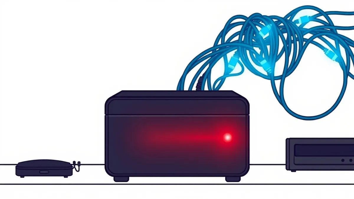 Illustration: A sleek black firewall device sits on a desk with a red warning light glowing softly on its front panel.