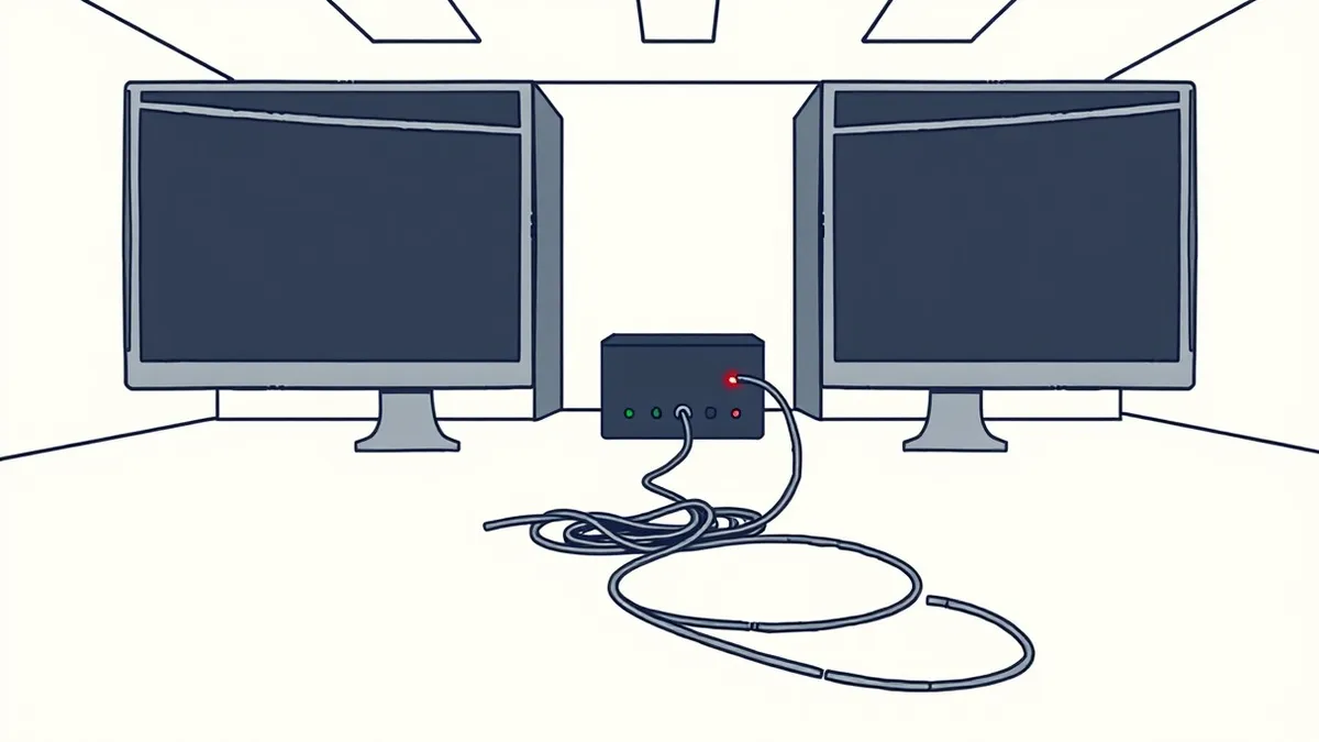 Illustration: A dusty server room floor where a single tangled Ethernet cable snakes under a row of silent, dark monitors.