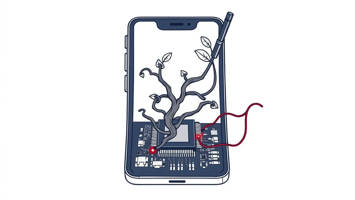 Illustration: A cracked open smartphone reveals a circuit board with a dark, thorny plant vine tangled around the processor chip.