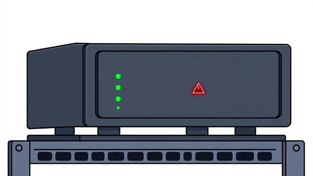 Illustration: A sleek black database server sits on a metal rack, its front panel displaying three blank green LED lights.