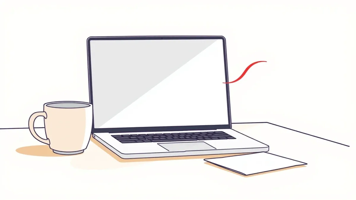 Illustration: A sleek silver laptop sits on a polished wooden desk next to a ceramic coffee mug and a single sheet of blank white paper.