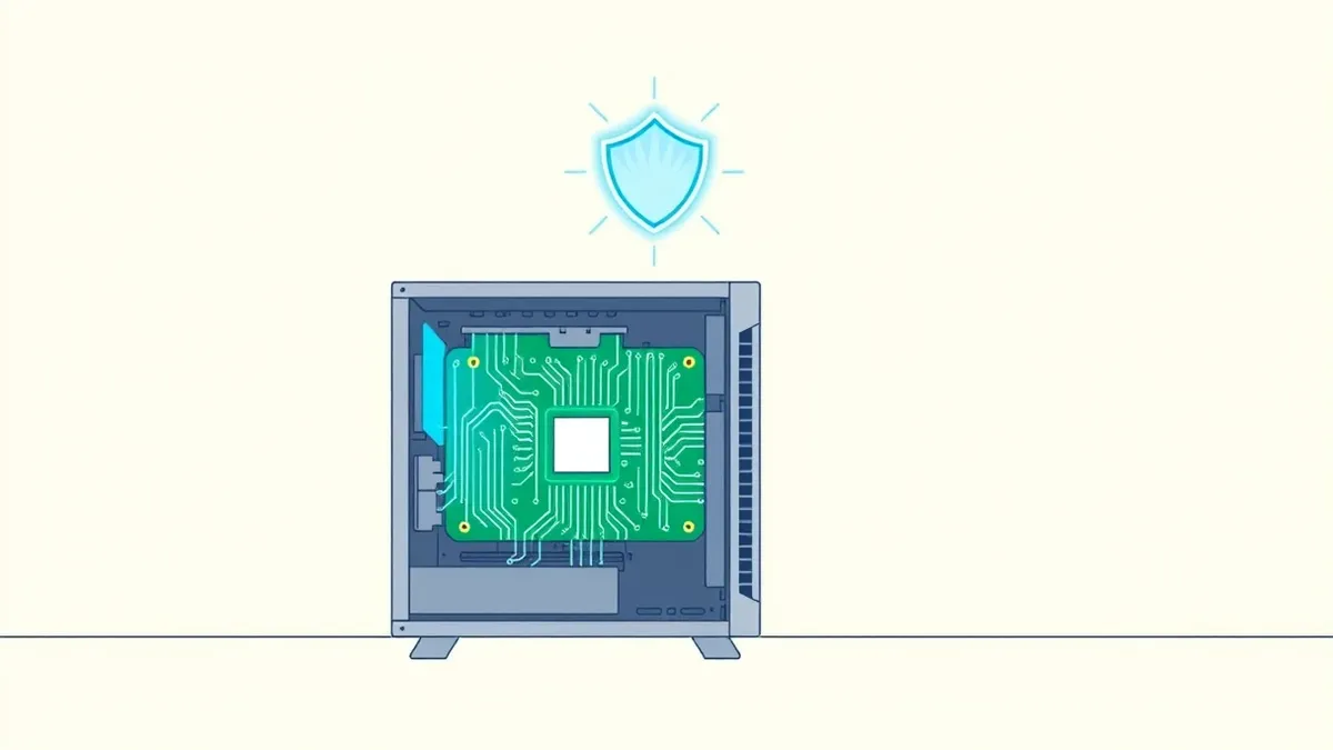 Illustration: A sleek desktop computer sits on a clean desk with its side panel removed to reveal the internal motherboard.