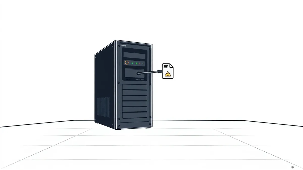Illustration: A single black server tower sits alone in a dim room.