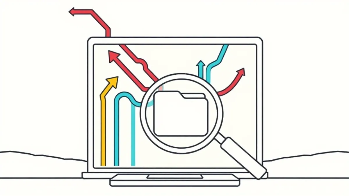 Illustration: A transparent glass wall blocks incoming colored arrows at the edge of a digital landscape, while inside, a magnifying glass hovers over a single file folder.