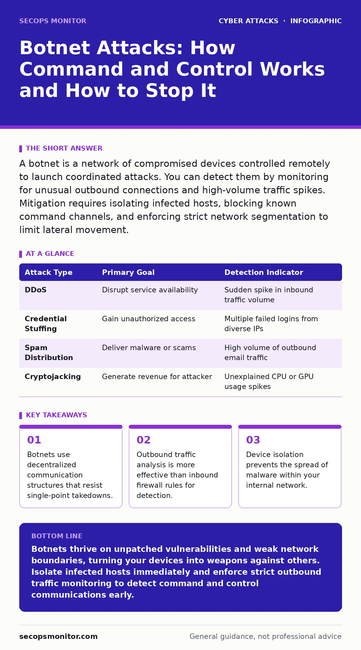 Infographic: Botnet Attacks: How Command and Control Works and How to Stop It. Botnets use decentralized communication structures that resist single-point takedowns. Outbound traffic analysis is more effective than inbound firewall rules for detection. Device isolation prevents the spread of malware