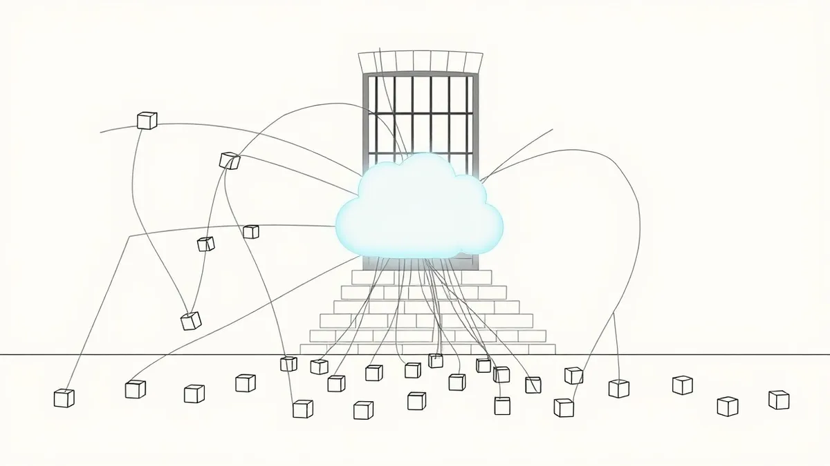 Illustration: A tangled web of thin grey threads connects numerous small, identical cubes to a central, glowing cloud shape.